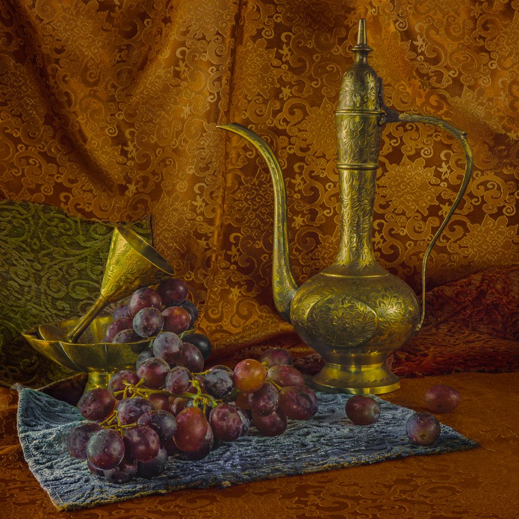 Bloomed Grapes and Ewer on Damask
